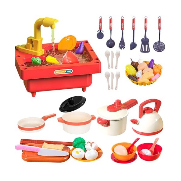 Herenear Ensemble de Evier Enfant, 41 Pièces Ustensiles de Cuisine Enfant, Ensemble de Dinette Enfant avec Jouets Fruits et L