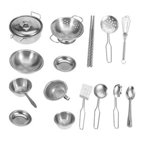 16 Pièces Daccessoires de Cuisine, Accessoires de Cuisine de Jeu Ustensiles de Cuisine en Acier Inoxydable, Casseroles et Po