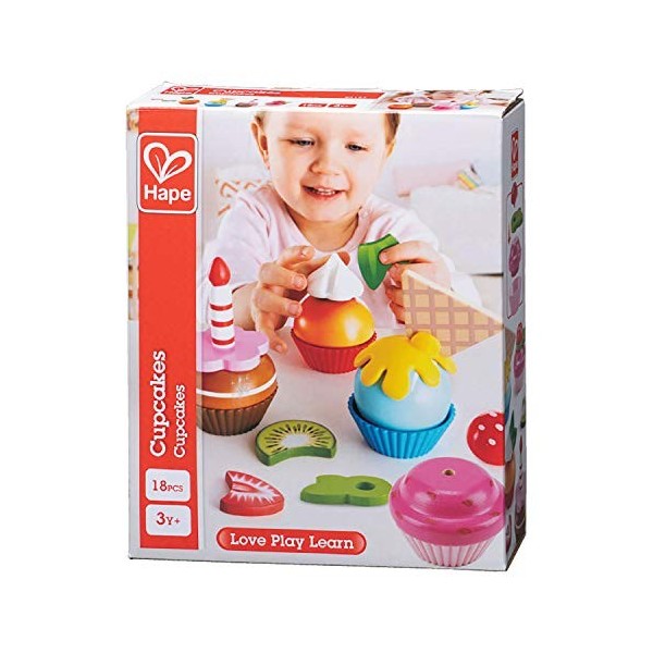 Hape E3157 Colourful Wooden Cupcakes, Realistic Pretend Play Food Kitchen Toy for Children Ages 3+ Years, Multicolor