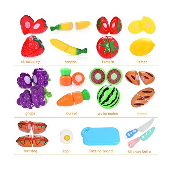 Accessoire Cuisine Enfant, 27 Pièces Chef Jeu de rôle avec, Fruits et Légumes à Découper Ustensile, Cuisson pour Enfants Acce