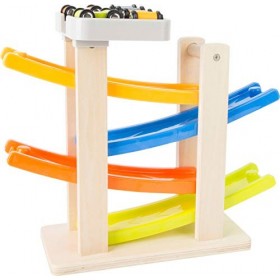 Small Foot- Circuit de Course, Bois, étages avec Parking, Quatre Voitures incluses, à partir de 18 Mois Jouet, 10602