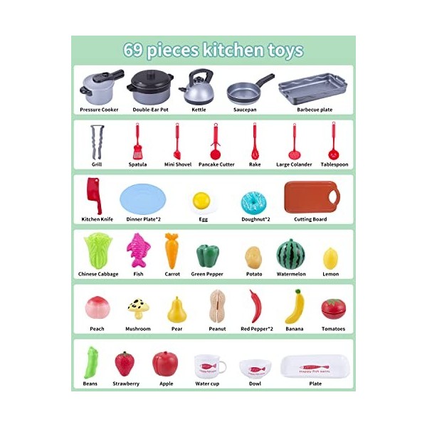 JOFLVA Accessoire Cuisine Enfant, 69 PCS Kit Cuisine Enfant, Ustensile Cuisine Enfant, Jouets De Cuisine, Enfant Légumes Frui