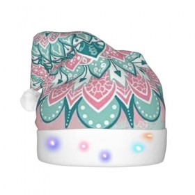 ZORIN Chapeaux de Noël avec motif mandala rose et vert - Chapeau de Père Noël amusant pour adulte - Chapeau lumineux à bord e