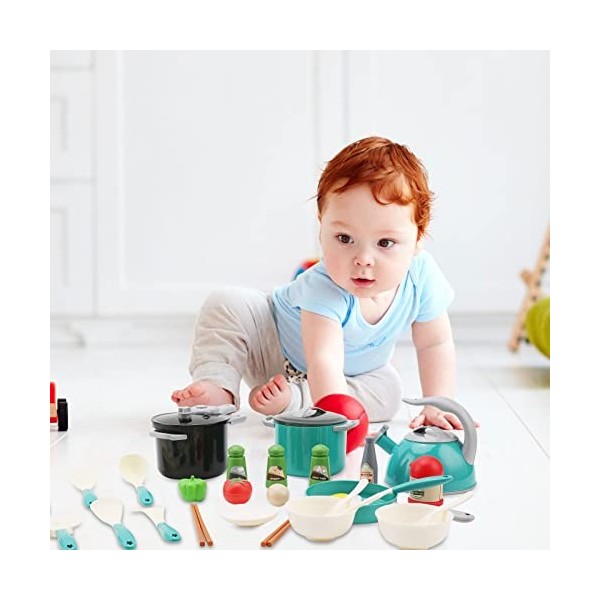 Camidy 32Pcs Kitchen Toy Accessories, Toddler Pretend Cooking Playset with Play Pots, Pans, Utensils Cookware Toys, Cutting P