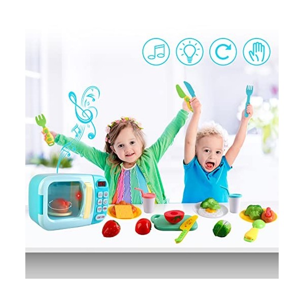deAO Jouet Micro-Ondes avec lumière réaliste, Son et pièces de Coupe Alimentaires incluses. Idéal pour Les Enfants de 3, 4, 5