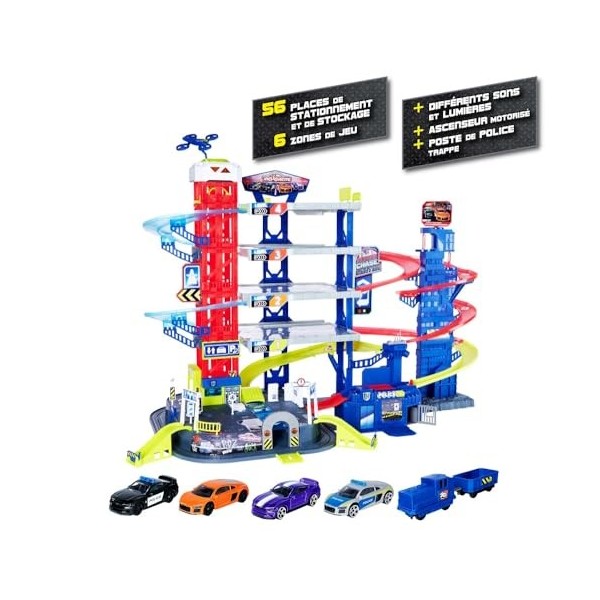 Majorette - Garage Super Chase Center - 112 x 84 x 70cm - 6 Niveaux de Jeu - 5 Voitures + 1 Train Inclus - Ascenseur Motorisé