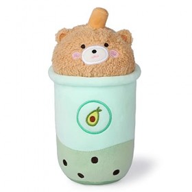 Macocheezee Adorable peluche Boba en fausse fourrure de 27,9 cm - Coussin en peluche - Avocat et thé au lait - Coussin doux m