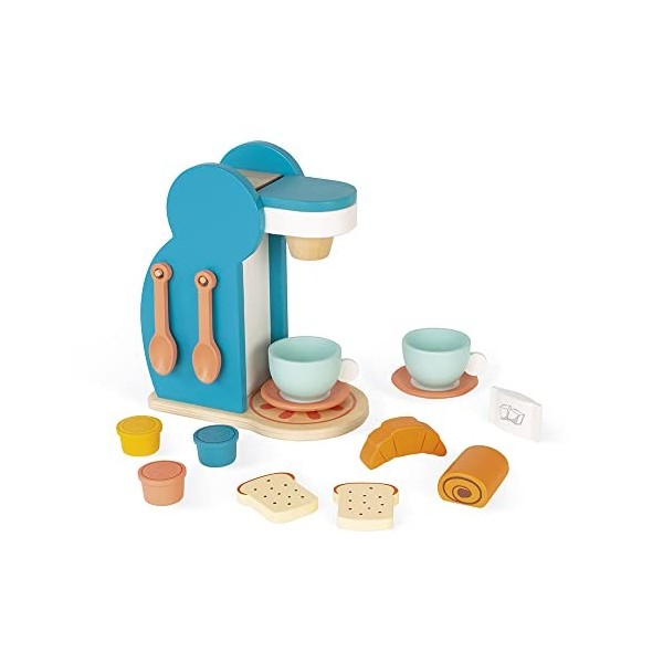 Janod - Set du Petit Déjeuner - Machine à Café en Bois + 14 Accessoires - 3 Capsules, Cuillères, Tasses et Soucoupes, Viennoi