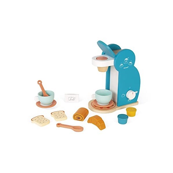 Janod - Set du Petit Déjeuner - Machine à Café en Bois + 14 Accessoires - 3 Capsules, Cuillères, Tasses et Soucoupes, Viennoi