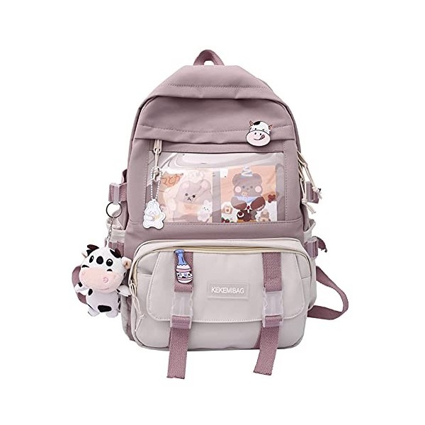 LYEAA Sac à dos Kawaii avec épingles et pendentif animal en peluche, pour femme et fille, style preppy en PVC, motif patchwor