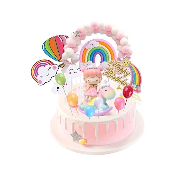 EACHPT Decoration Gateau Anniversaire,12 Pièces Decoration Gateau Licorne,Déco Gâteau Anniversaire Fille arc en ciel joyeux H