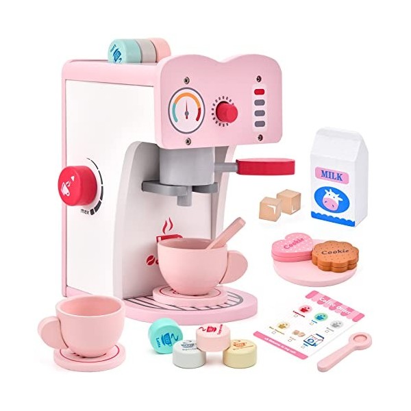 Atoylink Machine a Cafe Enfant Ensemble de Cafetière Jouet en Bois Cuisine en Bois Enfant 18pcs Jeu de Rôle Imaginatif Jeu d