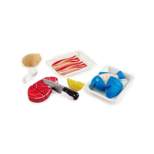 Hape Viandes & Poissons à Découper - Jeu dImitation Cuisine en Bois - Enfants de 3 ans et Plus - Accessoires Dinette Réalist