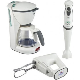Klein Braun Set de cuisine I Cafetière automatique, batteur et mixeur plongeant à piles avec accessoires I Jouet pour enfants