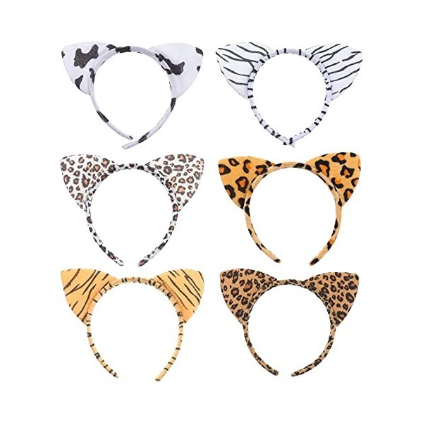 Lurrose Lot de 6 serre-têtes oreilles de chat léopard en peluche pour enfants, filles, femmes, fête danniversaire, cosplay