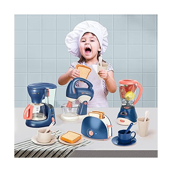 Veluoess Électroménager pour Enfants Kit de Cuisine pour Enfant avec Cafetière, Mixer, Blender, Un Grille-Pain et Autres Acce