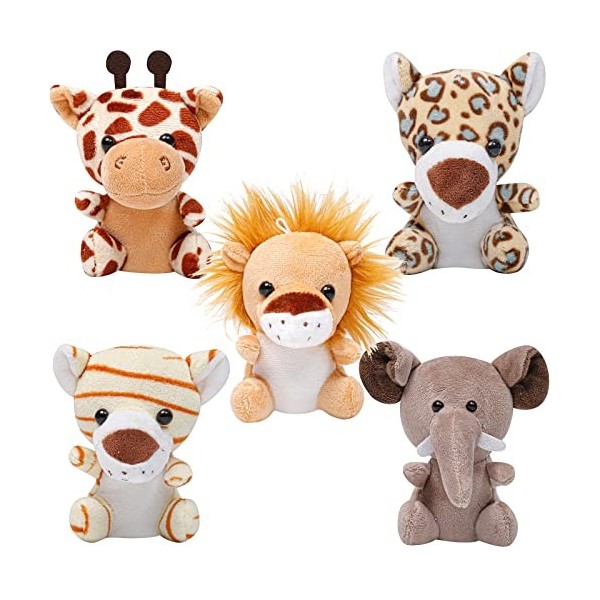 Anboor Lot de 5 Petits Animaux remplis de Peluches de 10,2 cm - Adorables Peluches Safari avec Porte-clés pour Les fêtes Ass