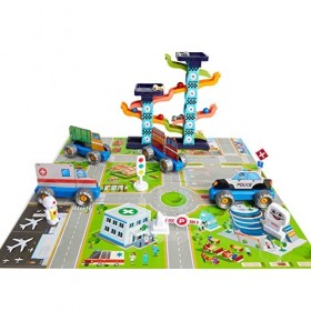 TuKIIE Circuit Voiture Enfant, Course Voiture Garage pour Garcon et Filles 3-6 Ans, Toboggan de Voiture Zig Zag, Garage Voitu