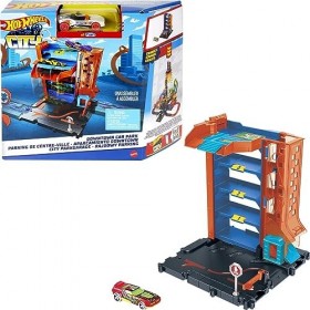 Hot Wheels - Coffret Garage City Downtown - Avec 1 Voiture Hot Wheels - Espace pour 4 Véhicules - Compatible Circuits et Kits