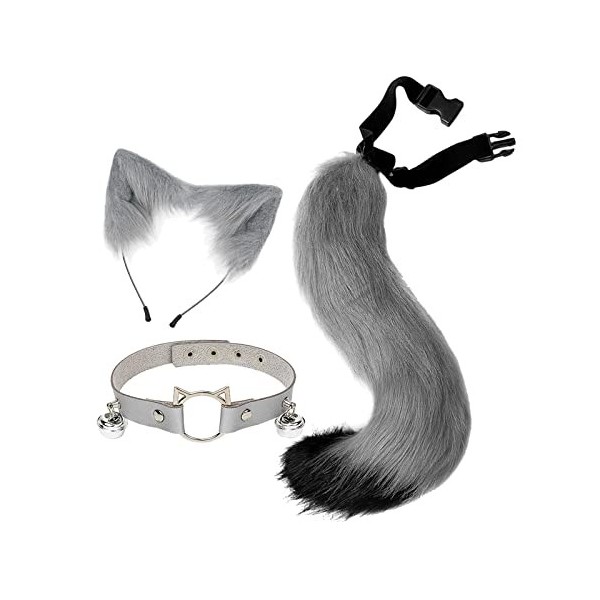 SM SunniMix Lot de 3 Oreilles et Queue de Renard En Peluche Cosplay Bandeau Oreilles de Chat avec Queue Loup Longue Queue pou