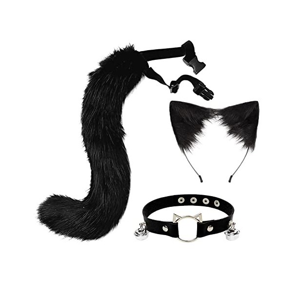 SM SunniMix Lot de 3 Oreilles et Queue de Renard En Peluche Cosplay Bandeau Oreilles de Chat avec Queue Loup Longue Queue pou