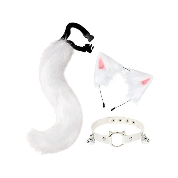 SM SunniMix Lot de 3 Oreilles et Queue de Renard En Peluche Cosplay Bandeau Oreilles de Chat avec Queue Loup Longue Queue pou