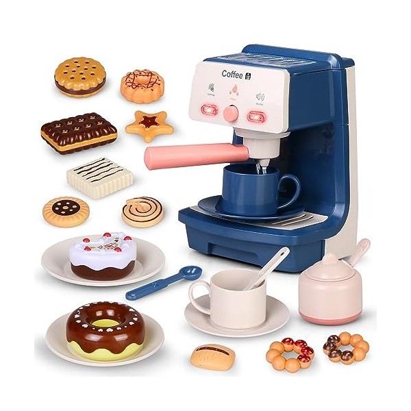 Veluoess Machine à café pour enfants, jouet avec lumière et son réalistes,  accessoires de cuisine avec dessert, beignet, tass