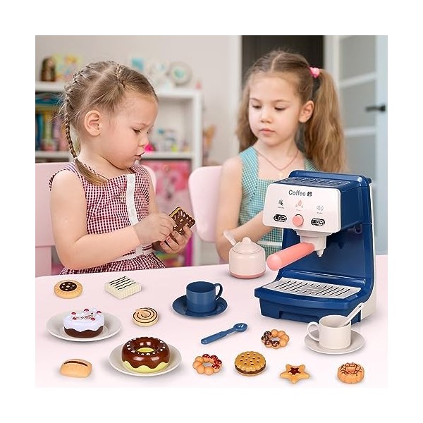 Veluoess Machine à café pour enfants, jouet avec lumière et son réalistes, accessoires de cuisine avec dessert, beignet, tass