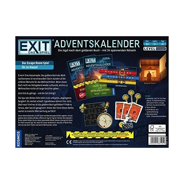 KOSMOS 681951 Exit Advent Calendar 2021, The Hunt for the Golden Book, avec 24 puzzles passionnants de 10 ans, jeu dévasion 