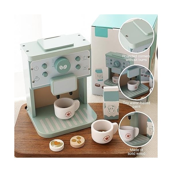 DAJASD Machine à café Enfants, Machine à café Expresso en Bois 9PCS, Machine à café en Bois pour la Cuisine des Enfants et Ac