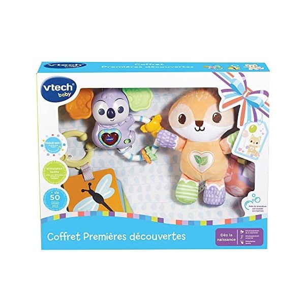 VTech - Coffret Naissance Premières Découvertes, Premiers Jouets Bébé, Doudou Renard en Peluche, Hochets Koala Interactif et 