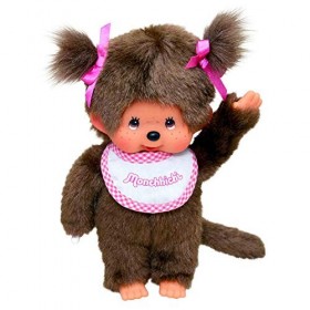 Sekiguchi Rose 255550-Fille Monchhichi Originale, en Peluche Marron, avec Bavoir nattes avec Noeuds, env. 20 cm, 255550