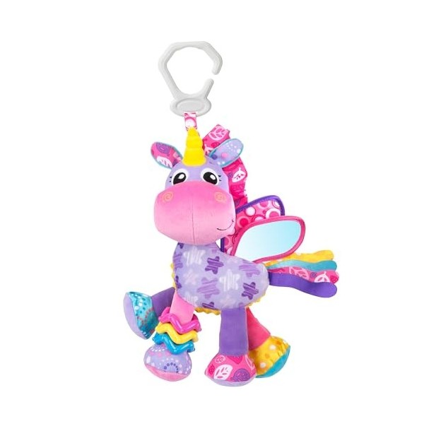 Playgro Peluche dActivités Stella la Licorne, Jouet pour Poussette, Dès la naissance, Rose/Violet, 40183