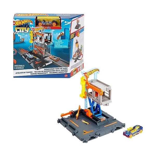 Hot Wheels - Coffret Garage de Réparation City Downtown - Garage et 1 Voiture Hot Wheels - Compatible Circuits et Kits City -