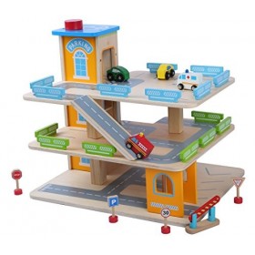 Leomark 3 étages Garage Voiture Parking Station Garage en Bois, Parking À Voitures avec Étage et Ascenseur Jouet pour Enfant 