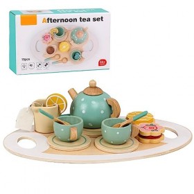 FENYW 14 Service à Thé en Bois Après-Midi Thé, Faire Semblant de Service à thé en Bois, Service à Thé Jouets en Bois pour Enf