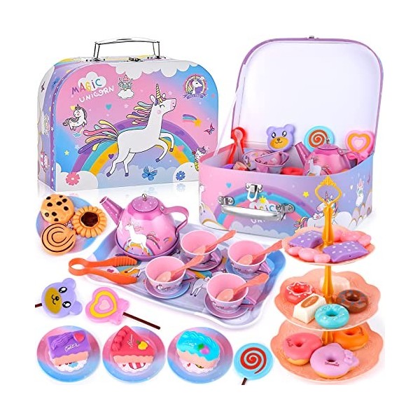 ENCOUN 48PCS Service à Thé pour Enfants, Service à Thé Jouets, Dînette Enfant Accessoire Jeux de Cuisine, Jouet de Cuisine Fa