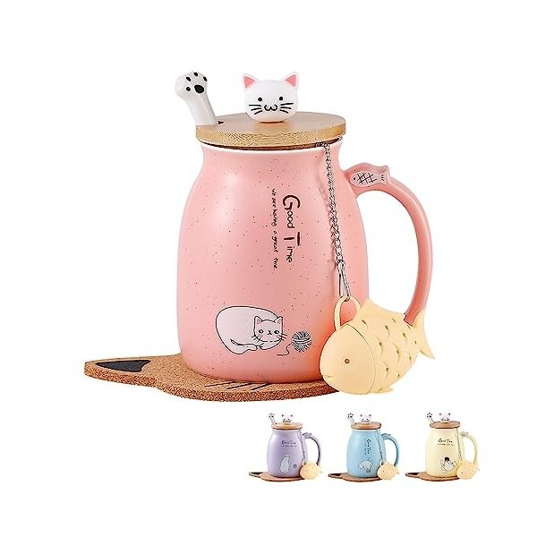 MengCat Tasse de chat,Tasse à café en céramique mignonne avec Lovely Kitty couvercle en Cuillère en acier inoxydable, Nouveau