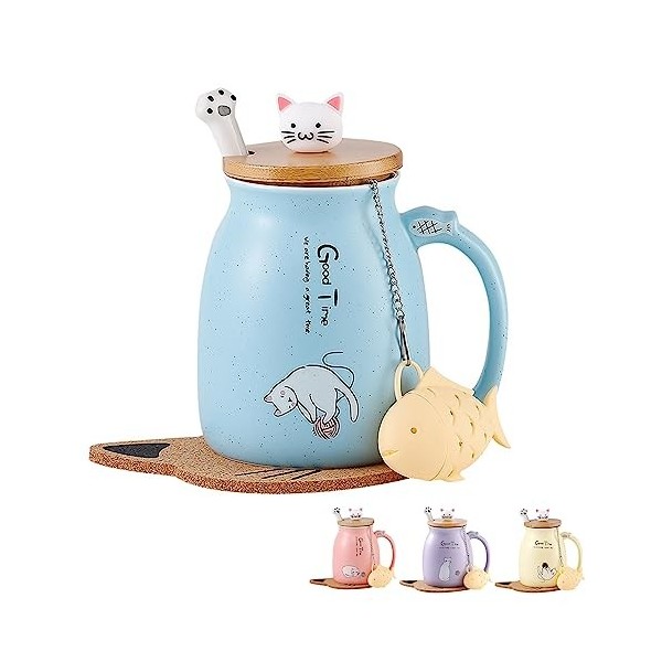 MengCat Tasse de chat,Tasse à café en céramique mignonne avec Lovely Kitty couvercle en Cuillère en acier inoxydable, Nouveau