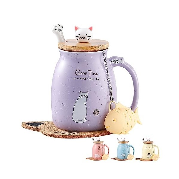 MengCat Tasse de chat,Tasse à café en céramique mignonne avec Lovely Kitty couvercle en Cuillère en acier inoxydable, Nouveau