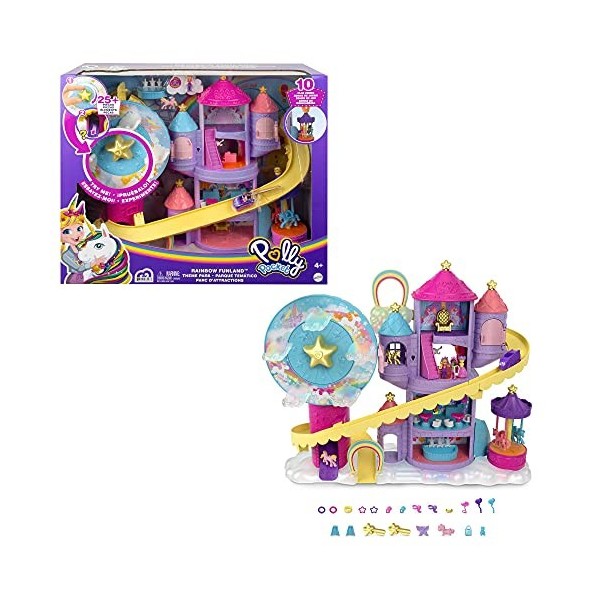 Polly Pocket Pollyville coffret Parc d’Attractions Arc-En-Ciel, Mini-figurines Polly, Shani et 2 Licornes, 25 Accessoires inc