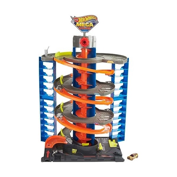 Hot Wheels City Méga Garage avec ascenseur pour ranger plus de 40 véhicules, à connecter avec circuit et pistes, voiture incl