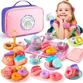 Juboury Dinette Enfant Services à thé à Jouer Jouet de Simulation de Cuisine avec Dessert, Beignet, Support à gâteau, Nappe e