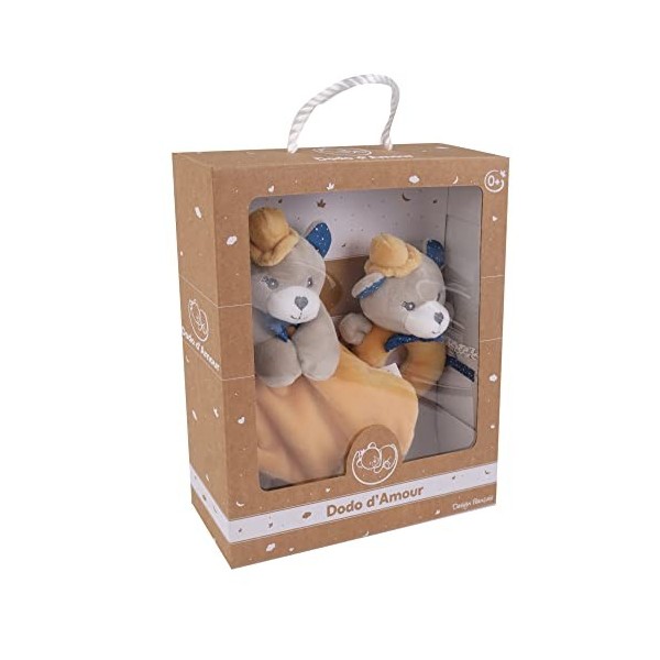 DODO DAMOUR - Coffret Doudou Carré et Hochet - Biche - 032192 - Beige - Polaire - Naissance - Peluche - Bébé - 29 cm x 22 cm