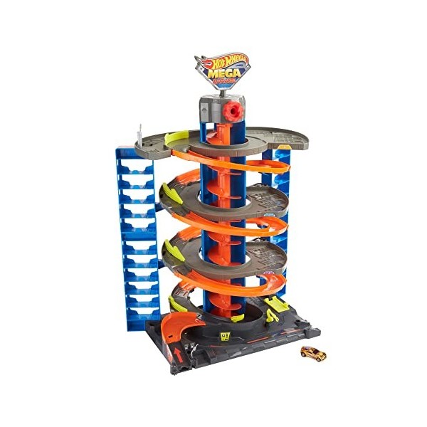 Hot Wheels City Méga Garage avec ascenseur pour ranger plus de 40 véhicules, à connecter avec circuit et pistes, voiture incl
