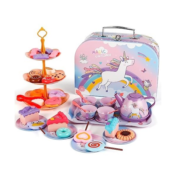 XiYee 48Pcs Service à Thé pour Enfants, Service à Thé Jouets étui de Transport Licorne, Dînette Enfant Accessoire Jeux de Cui