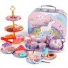 XiYee 48Pcs Service à Thé pour Enfants, Service à Thé Jouets étui de Transport Licorne, Dînette Enfant Accessoire Jeux de Cui