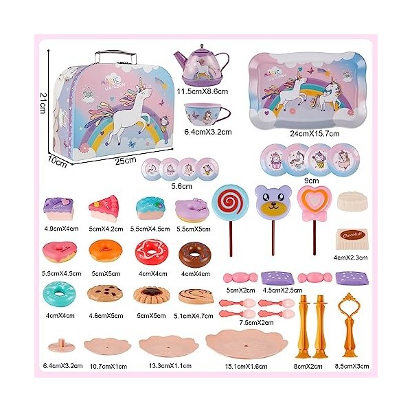 XiYee 48Pcs Service à Thé pour Enfants, Service à Thé Jouets étui de Transport Licorne, Dînette Enfant Accessoire Jeux de Cui