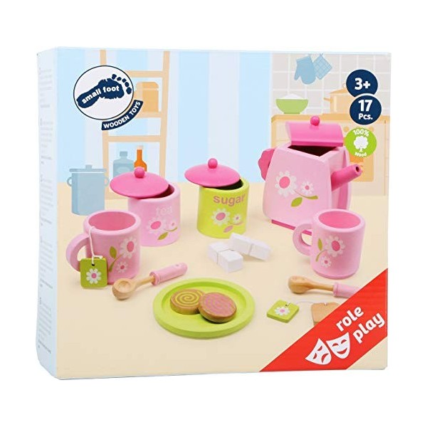 Small Foot 2849 service à thé pour enfants "Fleuri" en bois, accessoires pour la cuisine des enfants, 17 pcs. à partir de 3 a