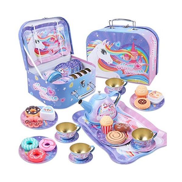 Tacobear Services à thé Enfant Fille Dinette Métal avec Jouet de Dessert Étain Théière Coffret Licorne Services à thé Jeux d